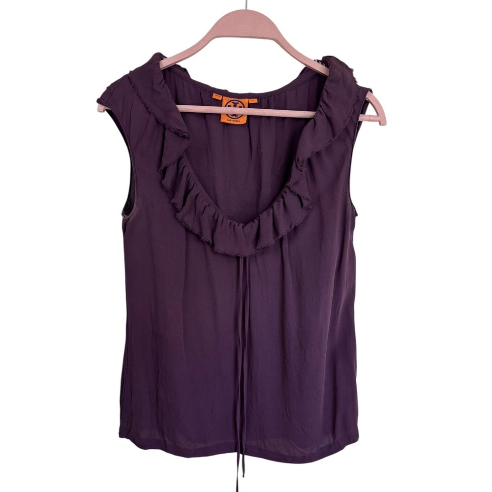 Tory Burch 100% Silk Ruffle Blouse Womens Sz 8 Purple Sleeveless Scoop Neck Top